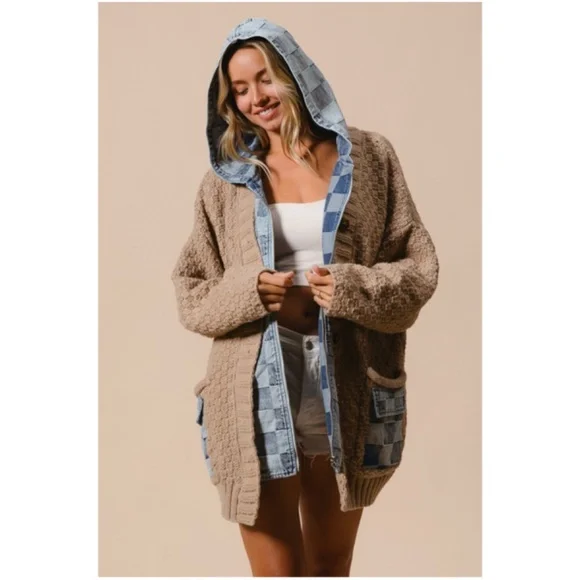 Cozy Checkered Plaid Denim Mixed Fabric Knit Cardigan Jacket Shacket - Picture 5 of 8